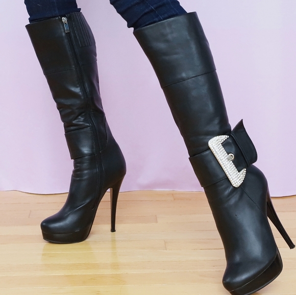 Black Platform Knee High Boots - Picture 2 of 5